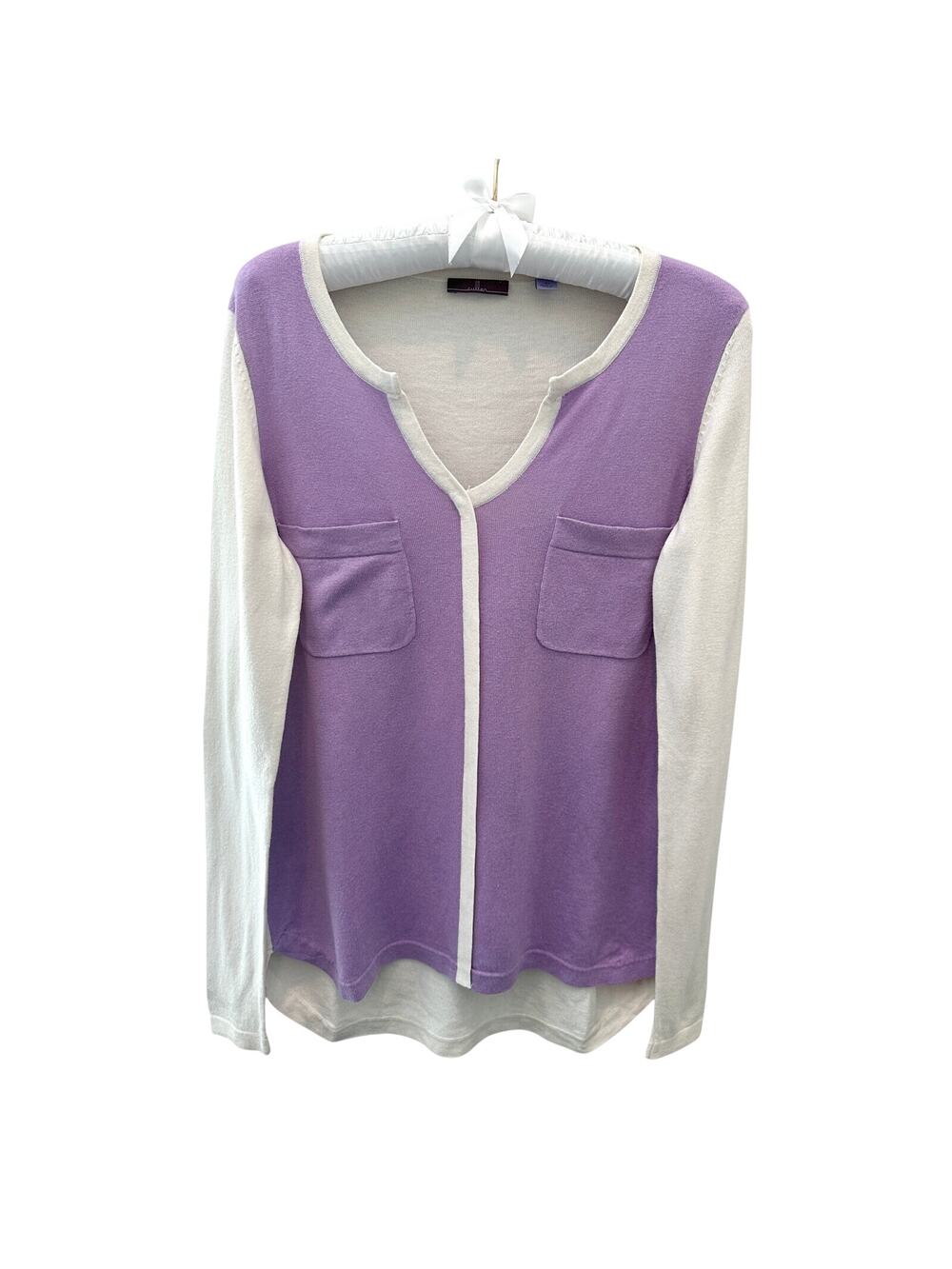 CULLEN | Colorblock Knit Sweater Top Purple Ivory Silk Cashmere Blend | Small